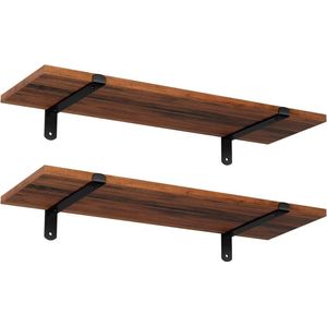 Wandplank, set van 2, 60 x 20 x 7 cm, zwevende plank, decoratieve planken, vintage, houtlook, voor slaapkamer, woonkamer, keuken, hal, elke plank belastbaar tot 15 kg, MDF bruin-zwart LWS04NB