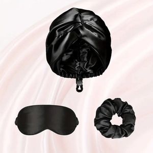 Ultiluxe® Slaapset voor dames - Zwart - Satijnen look voor slapen - Slaapmasker, slaapmuts, scrunchie - Oogmasker satijn - Hypoallergeen - Zachte slaap set voor vrouwen - Set voor vrouwen - Verstelbaar - Haarset voor het slapen
