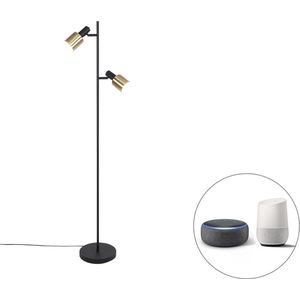 QAZQA stijn - Moderne Dimbare LED Smart Vloerlamp | Staande Lamp incl. wifi met Dimmer - 2 lichts - H 156 cm - Zwart Goud - Woonkamer | Slaapkamer