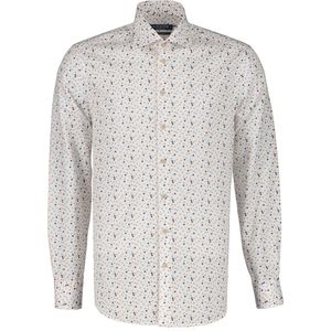 Ledub modern fit overhemd - structuur - wit met blauw - grijs en bruin dessin - Strijkvriendelijk - Boordmaat: 40
