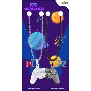 Bixorp Gamer BFF Ketting voor 2 met Magnetische Controller Hanger - Player 1 & Player 2 - Gaming Cadeau voor Beste Vrienden - Zilver/Zwart - 45cm