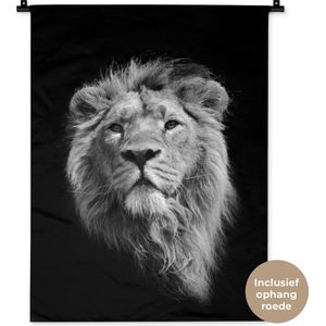 Wandkleed Close-up Dieren in Zwart-Wit - Aziatische leeuw tegen zwarte achtergrond in zwart-wit Wandkleed katoen 60x80 cm - Wandtapijt met foto