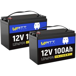 WattCycle 2-delige set 12V 100Ah LiFePO4 accu, 12v 100ah lithiumbatterij,draagbare oplader, zonnegenerator, ingebouwde 100A BMS, IP65, noodstroom, Geschikt voor buitendoucheapparatuur, kajaks en noodstroomvoorziening voor auto's,EU