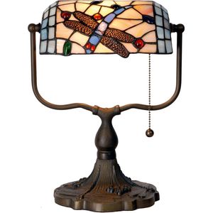 HAES DECO - Tiffany Tafellamp 27x20x36 cm Blauw Bruin Metaal Glas Vlinder Tiffany Bureaulamp Tiffany Lampen Glas in Lood