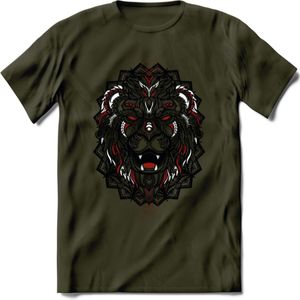 Leeuw - Dieren Mandala T-Shirt | Rood | Grappig Verjaardag Zentangle Dierenkop Cadeau Shirt | Dames - Heren - Unisex | Wildlife Tshirt Kleding Kado | - Leger Groen - XL