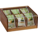 Relaxdays thee organizer - 6 vaks - hout - voor 90 zakjes - klapdeksel - 9,5 x 22 x 20.5 cm