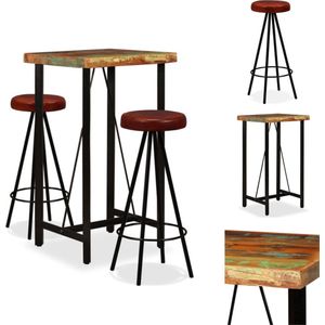 vidaXL Bar Set - Bar Sets - Bar Tafel En Kruk - Bar Tafels En Krukken - Barset massief gerecycled hout en echt leer 3-delig