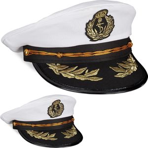 Relaxdays 2x kapiteinspet volwassenen - kapiteins hoed - matrozenhoed wit - carnaval hoed