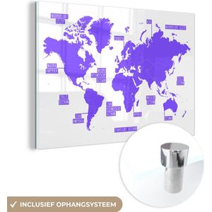 MuchoWow® Glasschilderij 150x100 cm - Schilderij glas - Wereldkaart - Paars - Simpel - Foto op acrylglas - Schilderijen