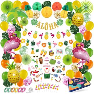 Fissaly 127 Stuks Hawaii Flamingo & Ananas Feest Decoratie – Slingers – Helium - Ballonnen