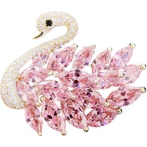 Fako Bijoux® - Broche - Zwaan - Strass - 43x39mm - Goudkleurig - Roze