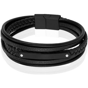 Mendes Lederen Armband voor Mannen - Zwart, Met Graveerplaat en RVS Sluiting-19cm