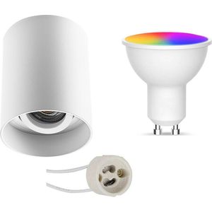 Opbouwspot Set GU10 - Oficto - Smart LED - Wifi LED - Slimme LED - 5W - RGB+CCT - Aanpasbare Kleur - Dimbaar - Afstandsbediening - Proma Luxina Pro - Opbouw Rond - Mat Wit - Verdiept - Kantelbaar - Ø90mm