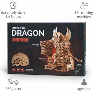 iDventure - Marble Run Dragon - Bouwpakket Knikkerbaan - Hout - 260 Onderdelen en 15 Metalen Knikkers - Geschikt vanaf 14 Jaar -