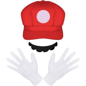 Kostuum set accessoires rode Mario - 1x rode hoed/pet 63cm hoofdomtrek 1x plakbaard 1x paar witte nylon handschoenen 23cm voor carnaval, verkleed partijtjes,