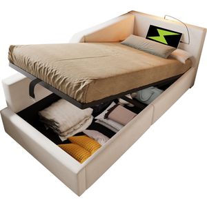 Merax Gestoffeerd Eenpersoonsbed met Hydraulische Opbergruimte - 90x200 cm - Bed Inclusief USB-C en LED Leeslamp - Beige Fluwelen Stof