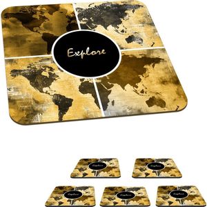 Onderzetters voor glazen - Wereldkaarten - Collage - Goud - 10x10 cm - Glasonderzetters - 6 stuks