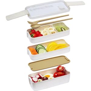 Beige Lunchbox van Colourfam® - Duurzaam en Eco Bento Lunchbox met 3 lagen inclusief Bestek - Magnetron - Vriezer - Vaatwasser - Bestendig - Milieuvriendelijk - Lunchbox Volwassenen - Broodtrommel