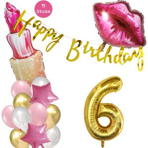 Snoes Beauty Helium Ballonnen Set 6 Jaar - Roze Folieballonnen - Slinger Happy Birthday Goud