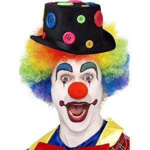 Clown verkleed set gekleurde pruik met hoge hoed zwart met knopen - Carnaval clowns verkleedkleding en accessoires