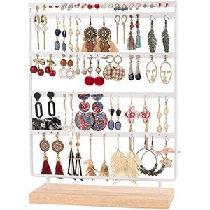 Sieradenstandaard, oorbelstandaard, 100 gaten, oorbelhouder, 5 etages, metaal, sieradenhouder, oorbelorganizer en kettingstandaard, horlogestandaard met houten opslag, oorstekerdisplay, 35 x 27 cm, wit