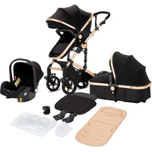 AS store® Luxe Kinderwagen - Buggy - wandelwagen - 3 in 1 kinderwagen - opvouwbaar- Inclusief autostoel - 103 CM hoog - Zwart goud