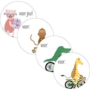 Naamstickers - Voor: Jou! / Feest - Verjaardag - Party - Animals - Dieren - Naam Sluitzegel | 4 assorti - Label - Krokodil - Aap - Giraf - Aap | Stickers - Envelop sticker - Kaart | Cadeau – Gift – Cadeauzakje