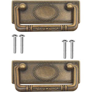 2x antieke meubelgrepen inklapbaar, ladegrepen, kastgrepen, klapgrepen voor kisten, kasten, commodes, antiek brons messing design, 95 x 41 mm, set van 2