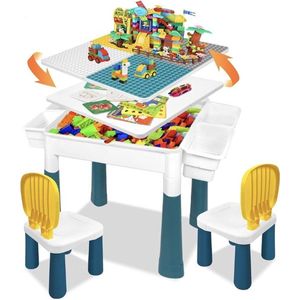 5-in-1 kindertafel met stoelen, set kindertafel, stoel, bouwstenen, speeltafel met 2 stoelen, dubbelzijdig tafelblad, multifunctionele activiteitstafel met opbergruimte voor kinderen om te leren