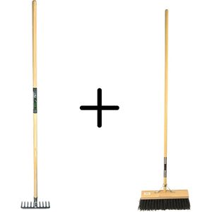 Synx Tools Tuinhark 10 Tanden verzinkt + Nylon Straatbezem Zwart 40 cm – Kunststof haren - Bodembewerkers - Onkruidverwijderaar – Schrobborstels – Hark met steel 150 cm – Buitenbezem met steel 150 cm