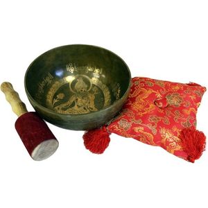 Tibetaanse Koperen Klankschaal Set - Gouden Tara - 19cm - Singing Bowl - Klank Schaal - Meditatie Schaal met Aanstrijkhout & Kussen