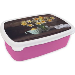 Broodtrommel Roze - Lunchbox - Brooddoos - Narcissen - Theekop - Stilleven - 18x12x6 cm - Kinderen - Meisje