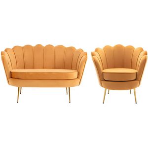 Set tweezitsbank en fauteuil van fluweel - Mosterdgeel - DANDELION L 124 cm x H 78 cm x D 75 cm