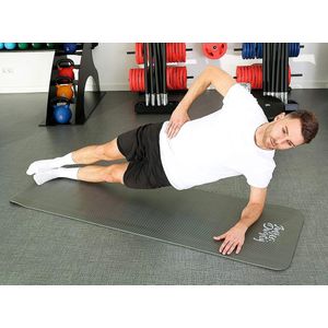 Originele yogamat met draagriem, gymnastiekmat inclusief oefeningen, sportmat met e-book workout | fitnessmat antislip | 180 x 60 x 1 cm | grijs