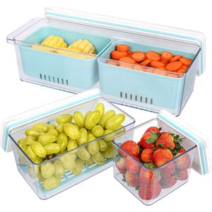 Belle Vous 3 Pack of Stackable Produce Saver Storage Containers with Drain Baskets - Reusable Fridge/Freezer Plastic Food Organisers with Lids for Fresh Vegetables/Fruit - Dishwasher/Microwave Safe