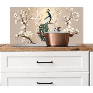 Spatscherm keuken 90x45 cm - Kookplaat achterwand Pauw - Tak - Bloemen - Muurbeschermer - Spatwand fornuis - Hoogwaardig aluminium