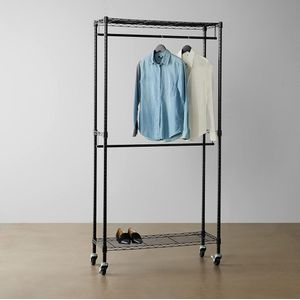 Verstelbaar, dubbele hangstang voor kleding, organizerrek voor rolkast, zwart, 91 x 35,5 x 183 cm