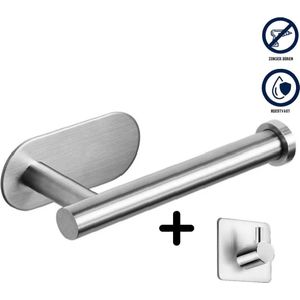 Finity Shop - Zilveren WC Rolhouder en Haakje - Toiletrolhouder en haakje - Zelfklevend - Hoogwaardig Roestvrij Staal voor Elk Toilet en Badkamer