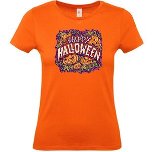 Dames T-shirt Happy Halloween pompoen | Halloween kostuum kind dames heren | verkleedkleren meisje jongen | Oranje | maat XS