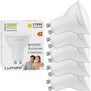 Lumare GU10 LED Spot 4W | Vervangt 35W | 340 Lumen 2700K Warm Wit | Spaarlamp Vervangingslamp | Set van 5 [Energieklasse F].
