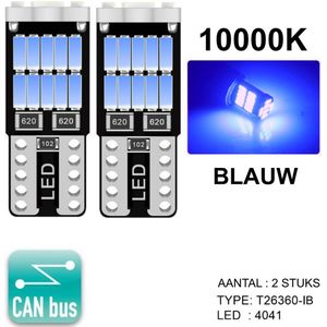 T10 Led Lamp Blauw (Set 2 stuks) 10000K CANbus 5W5 | 460 Lumen | Type T26360-IB | W5W | Led Signal Light | 12V | 168 | 194 | 2x | Stadslicht | Kentekenplaat Verlichting | 4014 26SMD | 10000 | Blue | Kelvin | Autolampen | Car licht | Lampen |