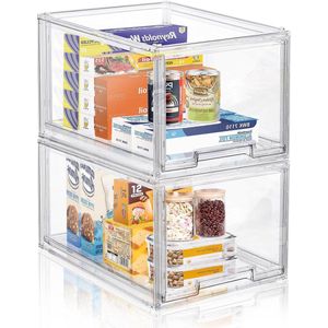 Plastic Stackable Storage Organizer Containers with Pull-Out Tray - Large Clear Acrylic Storage Drawers Container Boxes for Refrigerator Pantry Shelf Organization