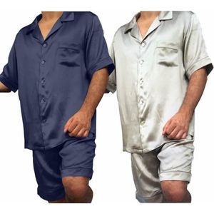 Heren zijden pyjama set (korte mouwen, korte broek), Marine blauw, XXL