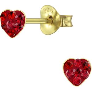 Joy|S - Zilveren petit hartje oorbellen - 4 mm - kristal rood - 14k goudplating - kinderoorbellen