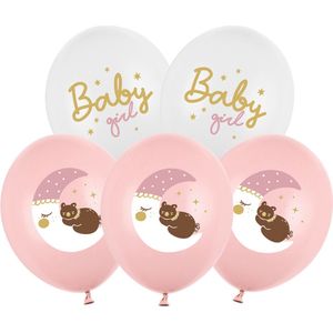 Baby girl ballonnen pastel lichtroze en wit - Maan en Beer - 6 stuks 30cm