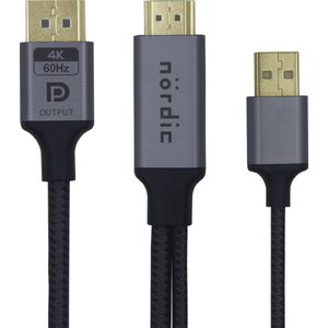 NÖRDIC HMDP-115 HDMI naar Displayport Kabel - USB-A - 4K60Hz - 18Gbps - 1,5m - Grijs