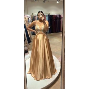 ELIS - Beige Satin Long Evening Dress with Cord Straps - Maat 42