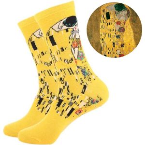 Kunstsokken - De Kus - Gustav Klimt - Sokken Dames/Heren maat 38-42 - Geel/Schilderij