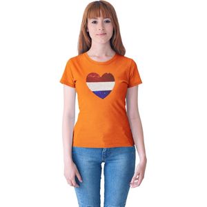 Dames Slim fit T-shirt Nederlandse vlag met Hart magic sequence | koningsdag kleding| Holland | EK-WK-Olympische Spelen | Oranje | maat XS