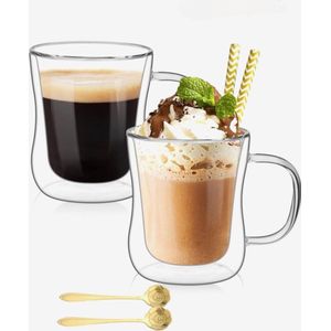 Dubbelwandige Koffieglazen Met Oor Met Gratis 2x Goud Lepels - Latte Macchiato Glazen - 250ML - Dubbelwandige Theeglazen - 2x - Cappuccino Glazen